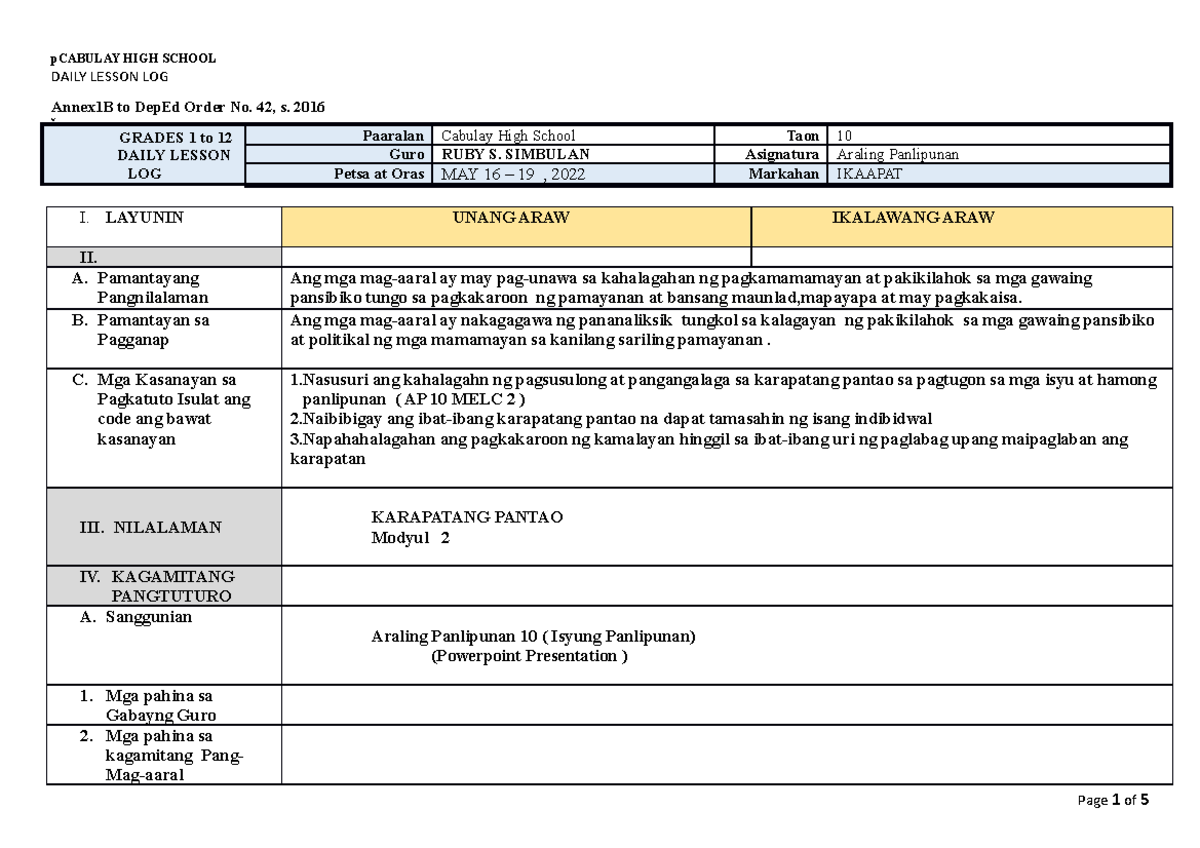 DEMO PLAN -4TH Quarter - pCABULAY HIGH SCHOOL DAILY LESSON LOG Annex1B ...