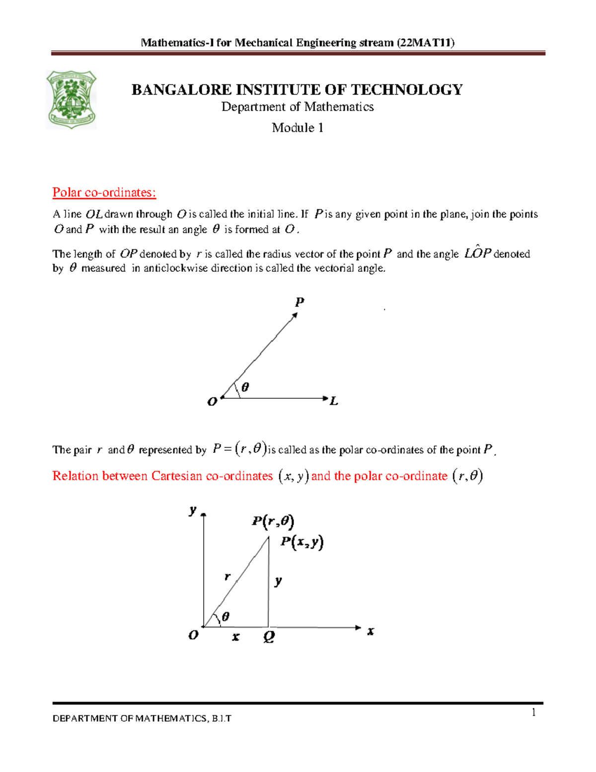 Module 1- Calculus-1 - BANGALORE INSTITUTE OF TECHNOLOGY Department of ...