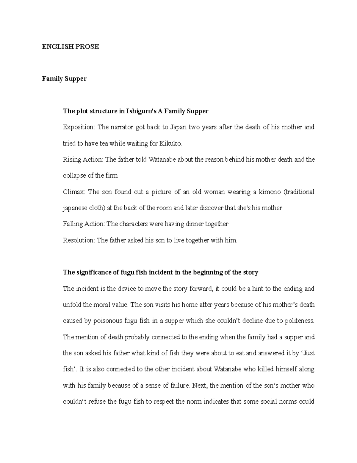 English Prose Short Story ENGLISH PROSE Family Supper The plot