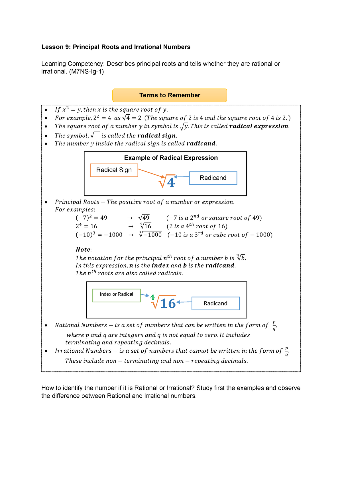 W6 1 Principal Roots Rational Or Irrational Lesson 9 Principal Roots 