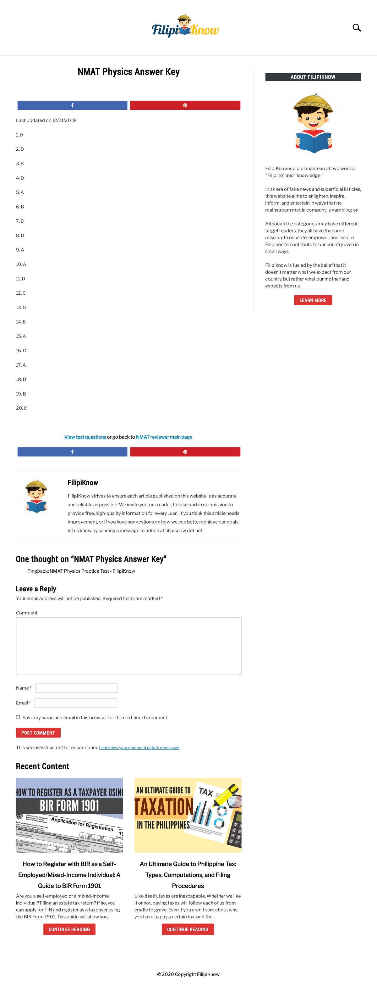 NMAT Physics Answer Key - FilipiKnow FilipiKnow strives to ensure each ...