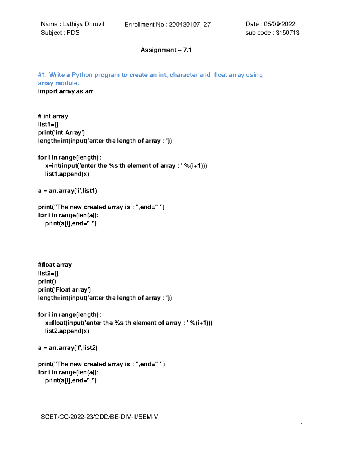 create int character array in python - Subject : PDS sub code : 3150713 ...