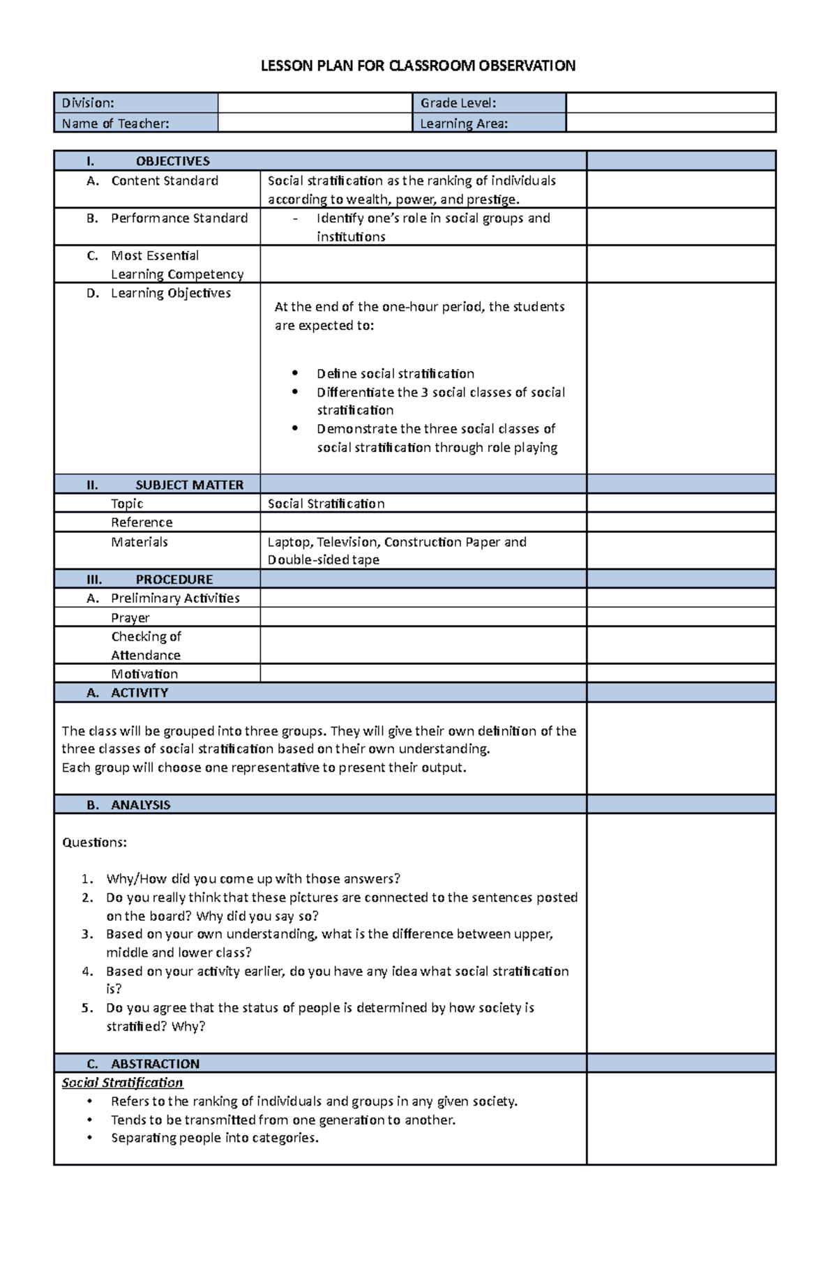 lesson plan for beginners - LESSON PLAN FOR CLASSROOM OBSERVATION ...