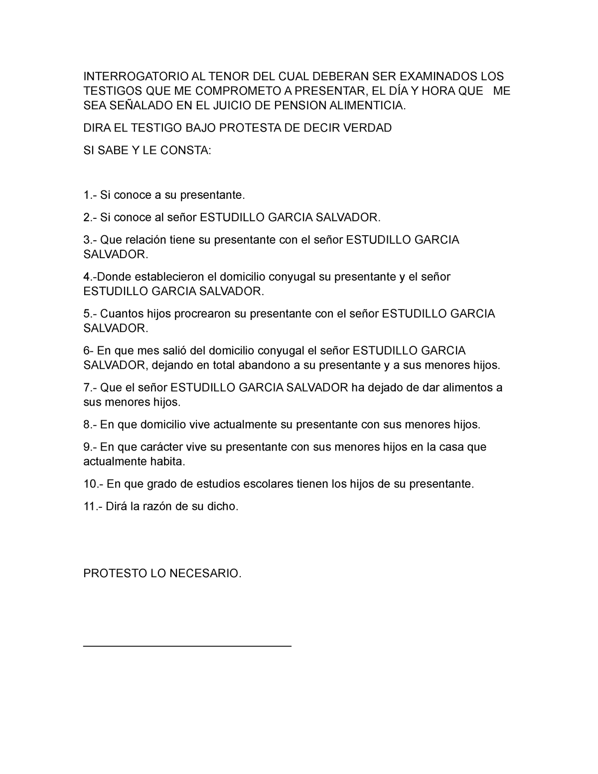 Interrogatorio de juicio ordinario Civil , Guarda Y Custodia Y Pension -  INTERROGATORIO AL TENOR DEL - Studocu