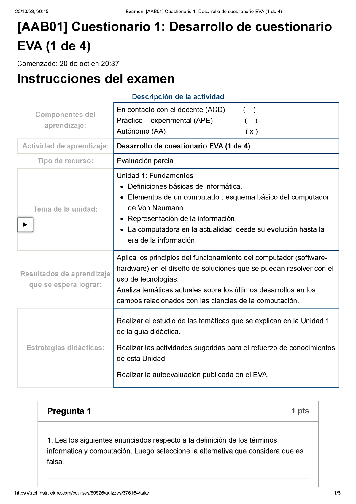 Examen [AAB01] Cuestionario 1 Desarrollo De Cuestionario EVA (1 De 4 ...