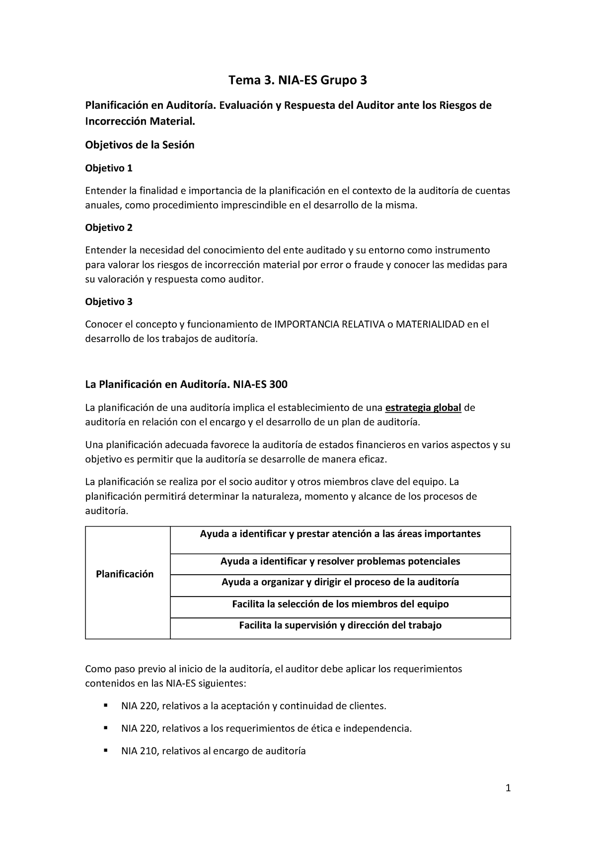 Tema 3 - Apuntes 1 - Tema 3. NIA-ES Grupo 3 Planificación En Auditoría ...