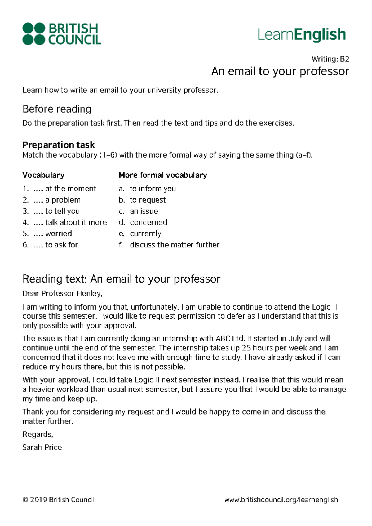 Learn English Writing B2 An email to your professor - Writing: B An ...