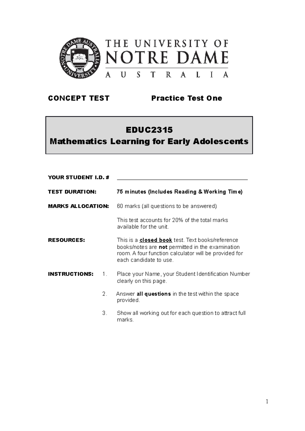 Test 3 October 2019, questions - CONCEPT TEST Practice Test One EDUC ...
