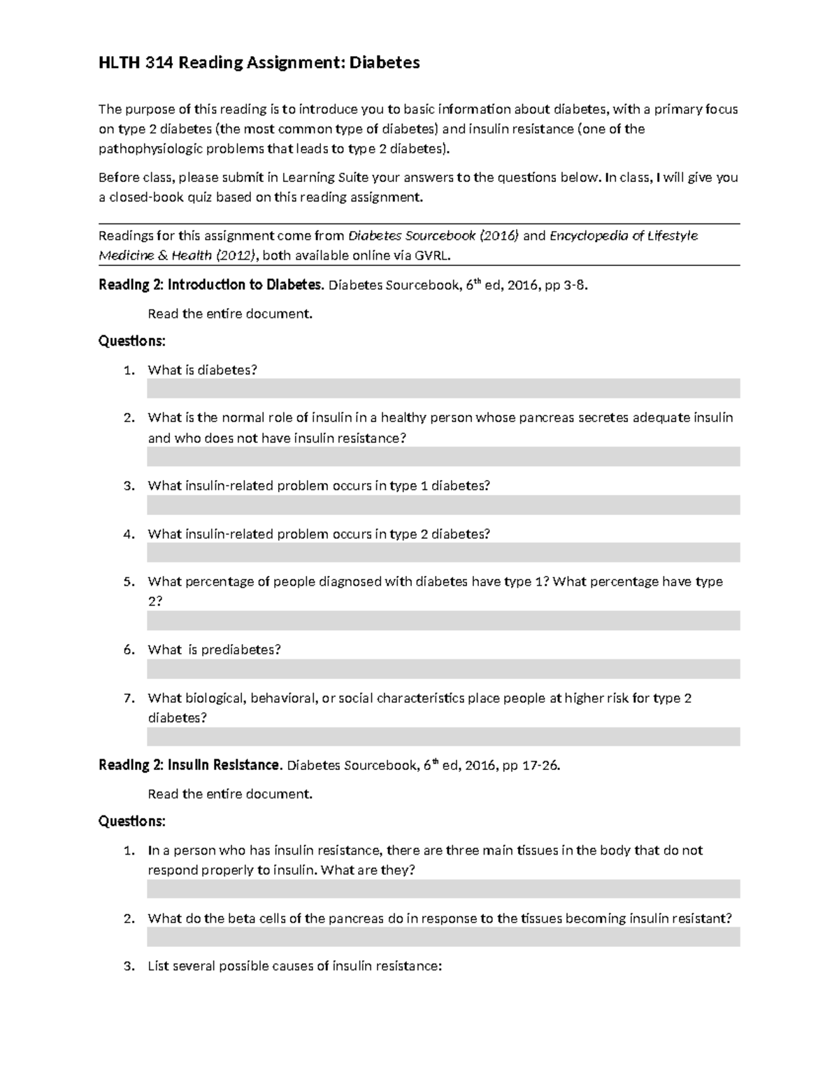 Reading Diabetes - HLTH 314 Reading Assignment: Diabetes The purpose of ...