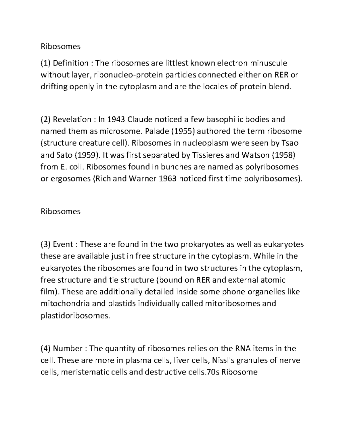 Document (2) - Useful notes - Ribosomes (1) Definition : The ribosomes ...