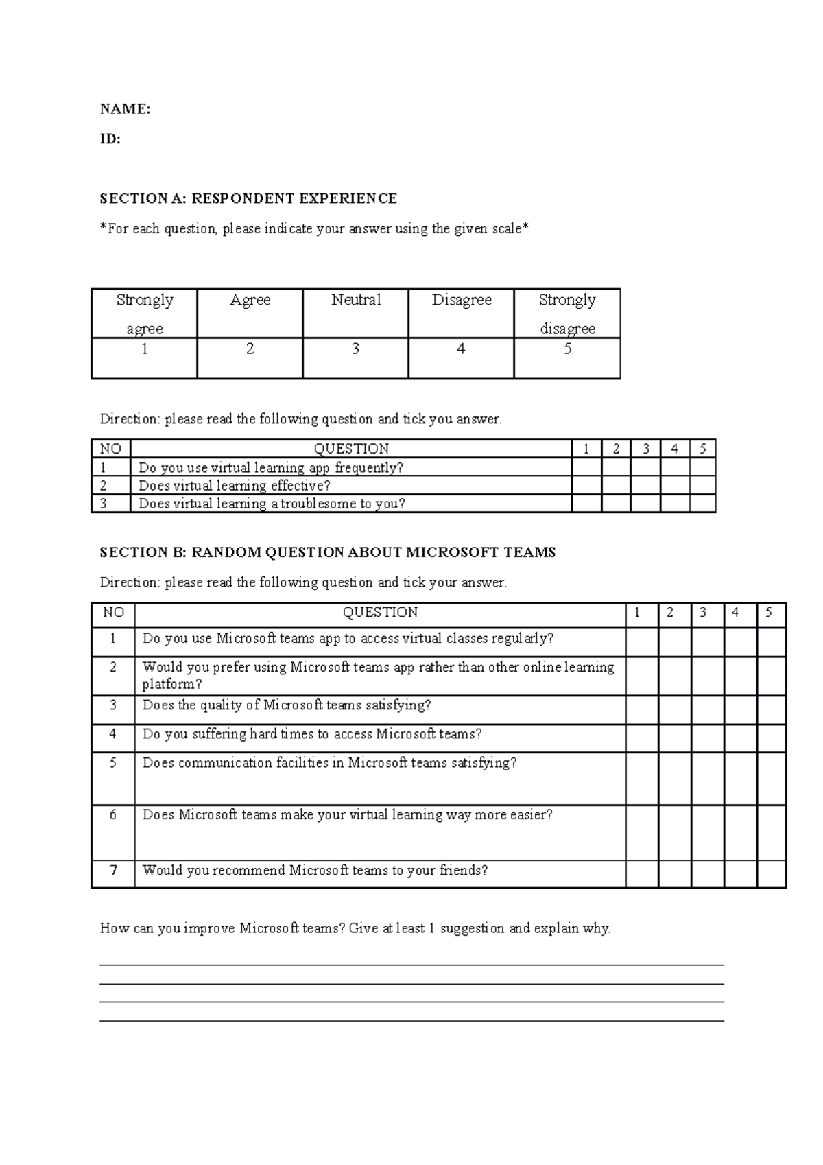 Questionnaire interview for work purpose - NAME: ID: SECTION A ...