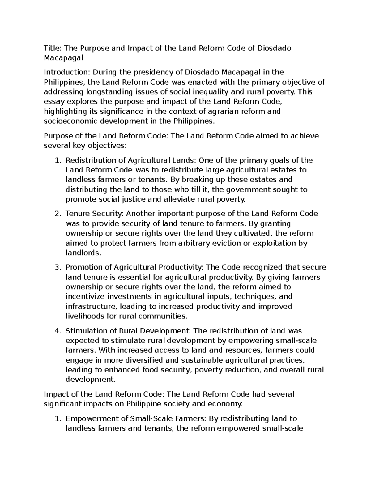 Title 3 - h h h h - Title: The Purpose and Impact of the Land Reform ...