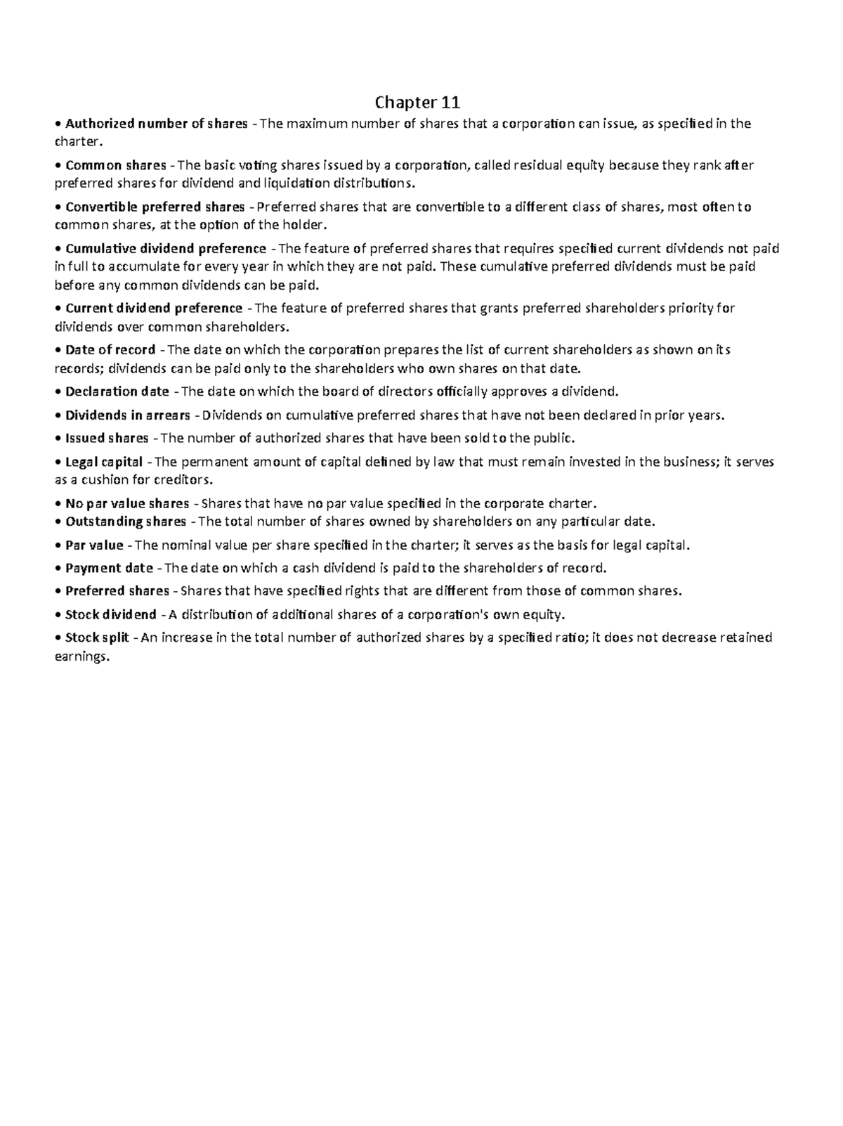 Chapter 11 Summary Chapter 11 • Authorized number of shares The