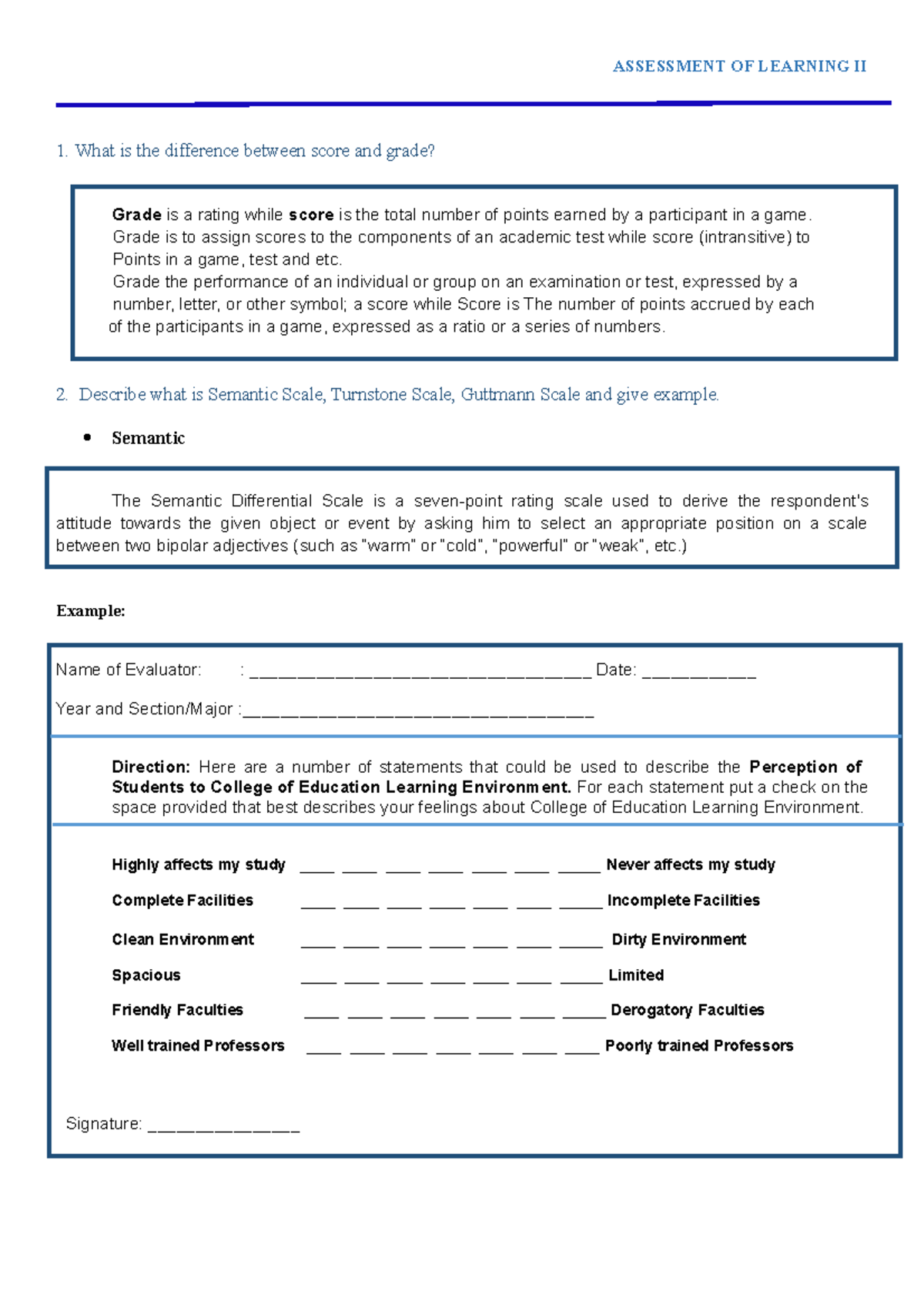 Assessment OF Learning II (Score, Grade, Scale and Rubrics ...