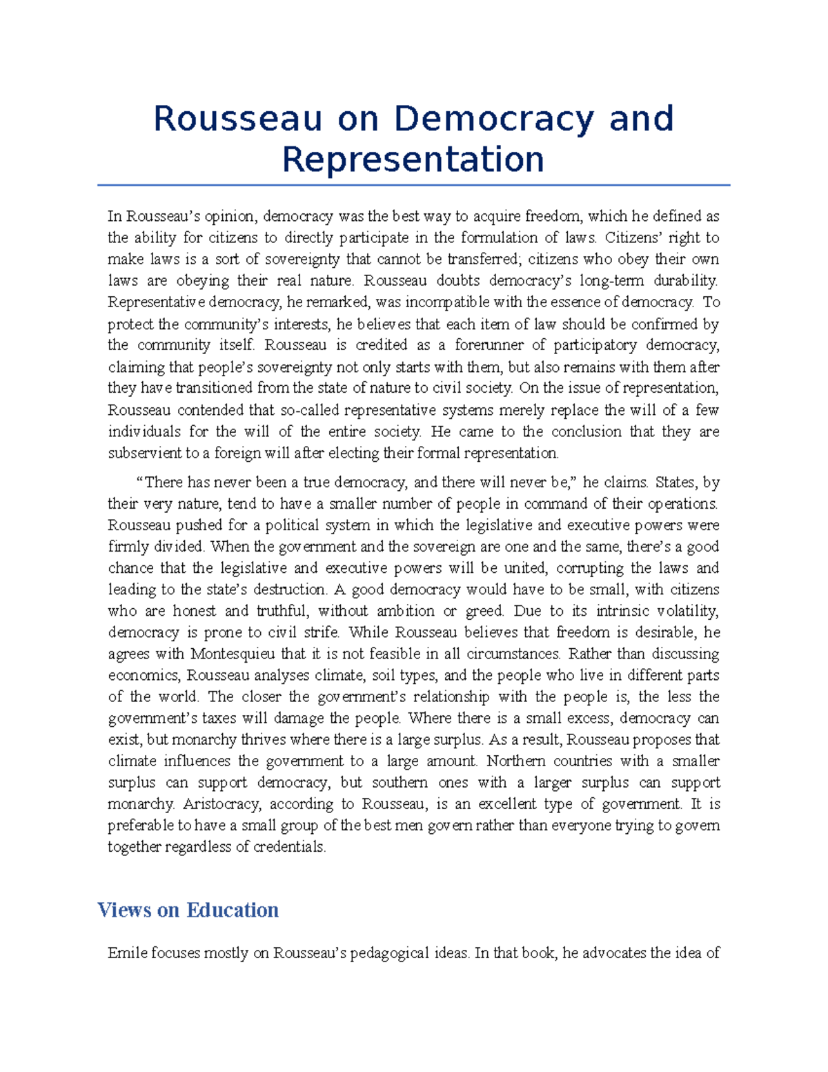 Rousseau on Democracy and Representation Rousseau on Democracy and