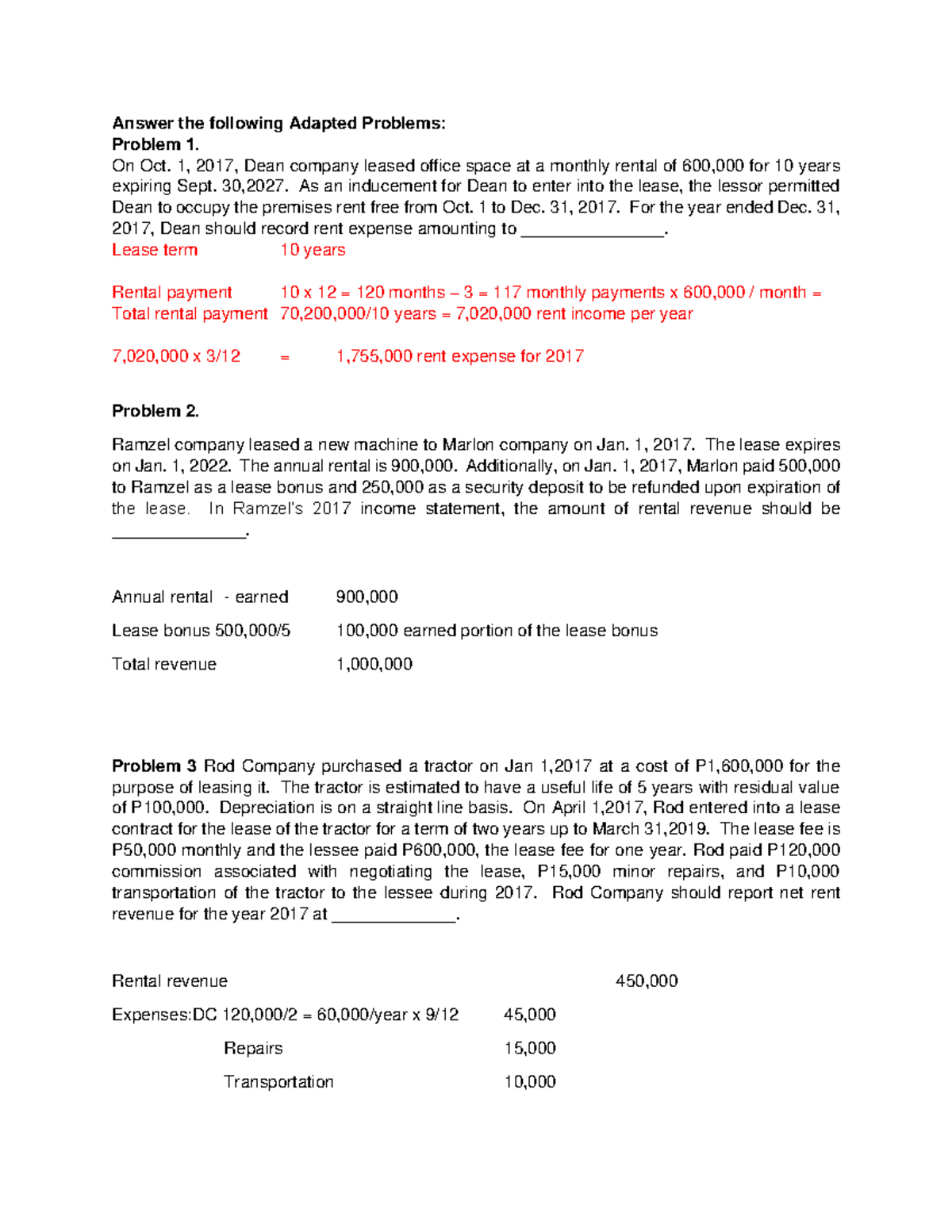 Works about Operating lease - answer key - Answer the following Adapted ...
