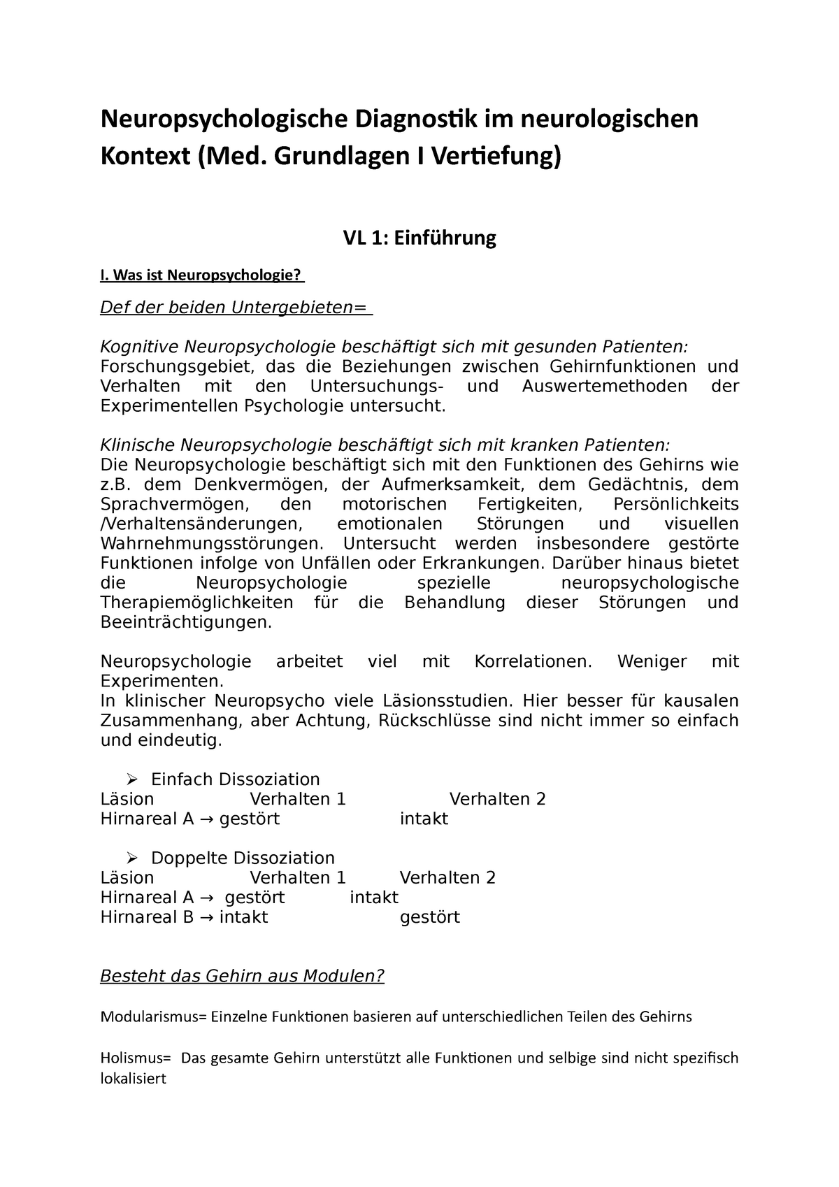 Neuropsychologische Diagnostik Grundlagen I Vertiefung Vl