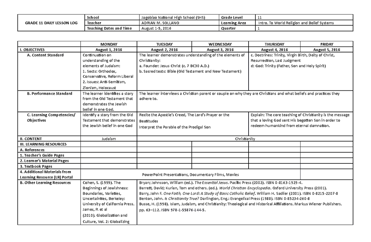 Daily Lesson Log Aug Dll Grade 11 Daily Lesson Log School Jagobiao National High School Shs 1277