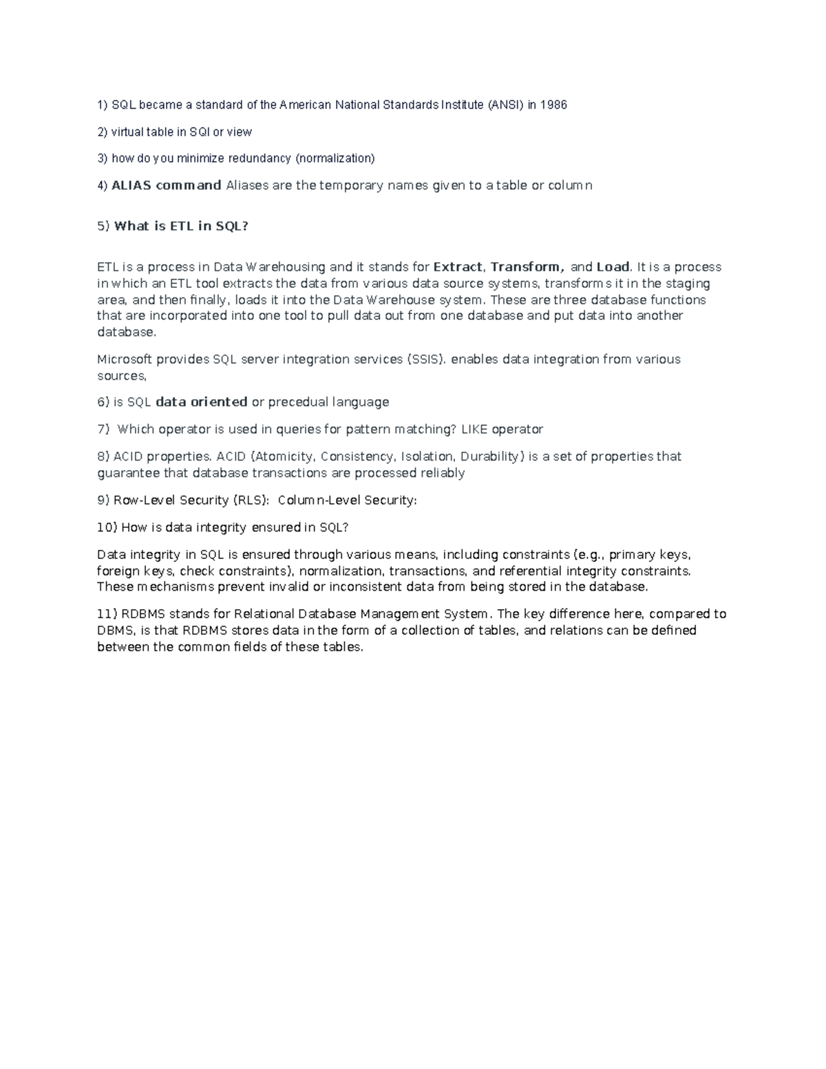 SQL Questions - notes - SQL became a standard of the American National ...