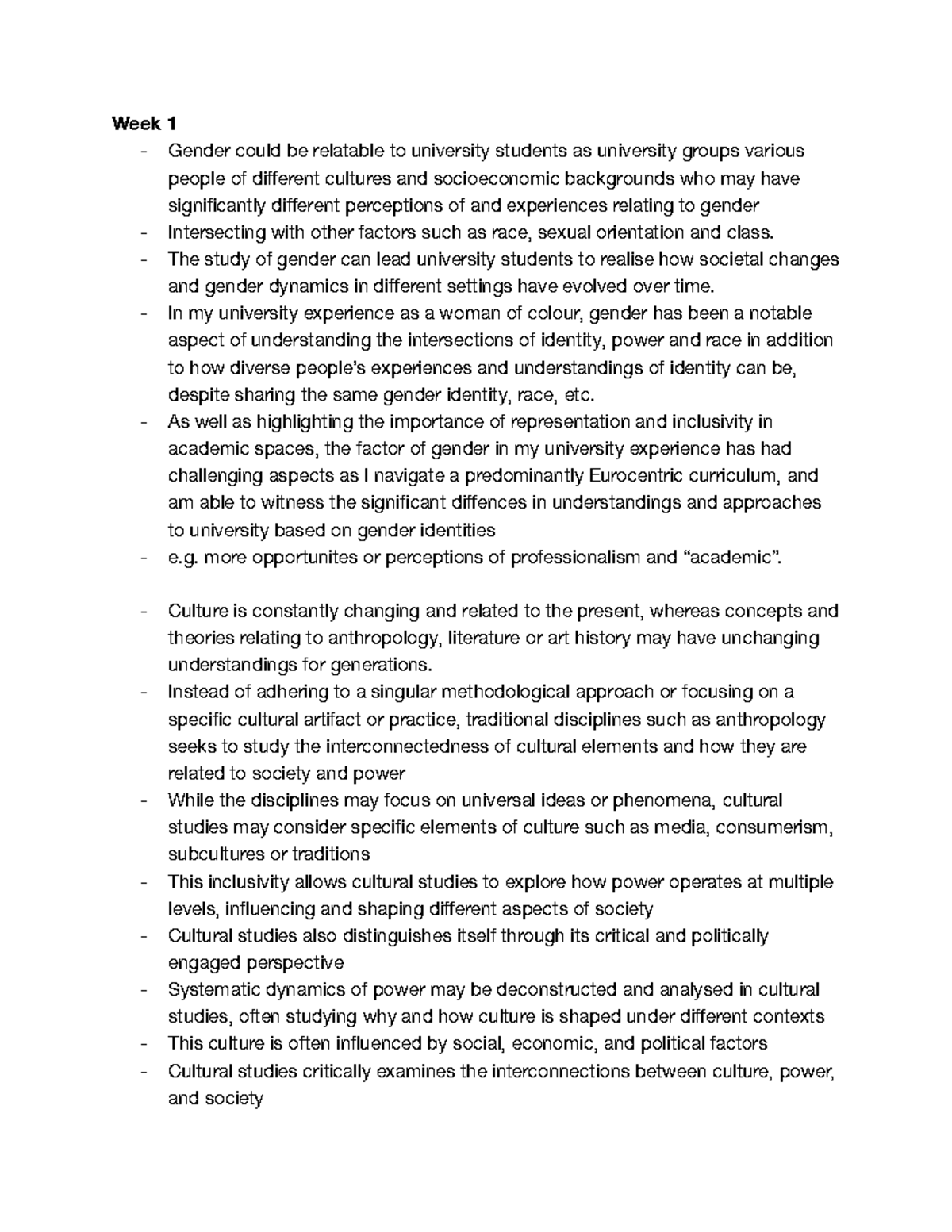 Class Workshop Notes - Week 1 - Gender could be relatable to university ...
