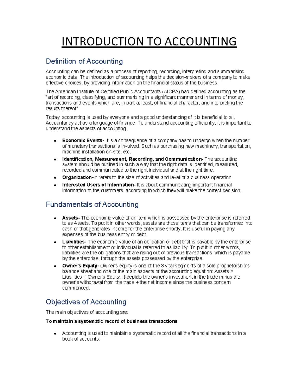 Introduction TO Accounting - INTRODUCTION TO ACCOUNTING Definition of ...