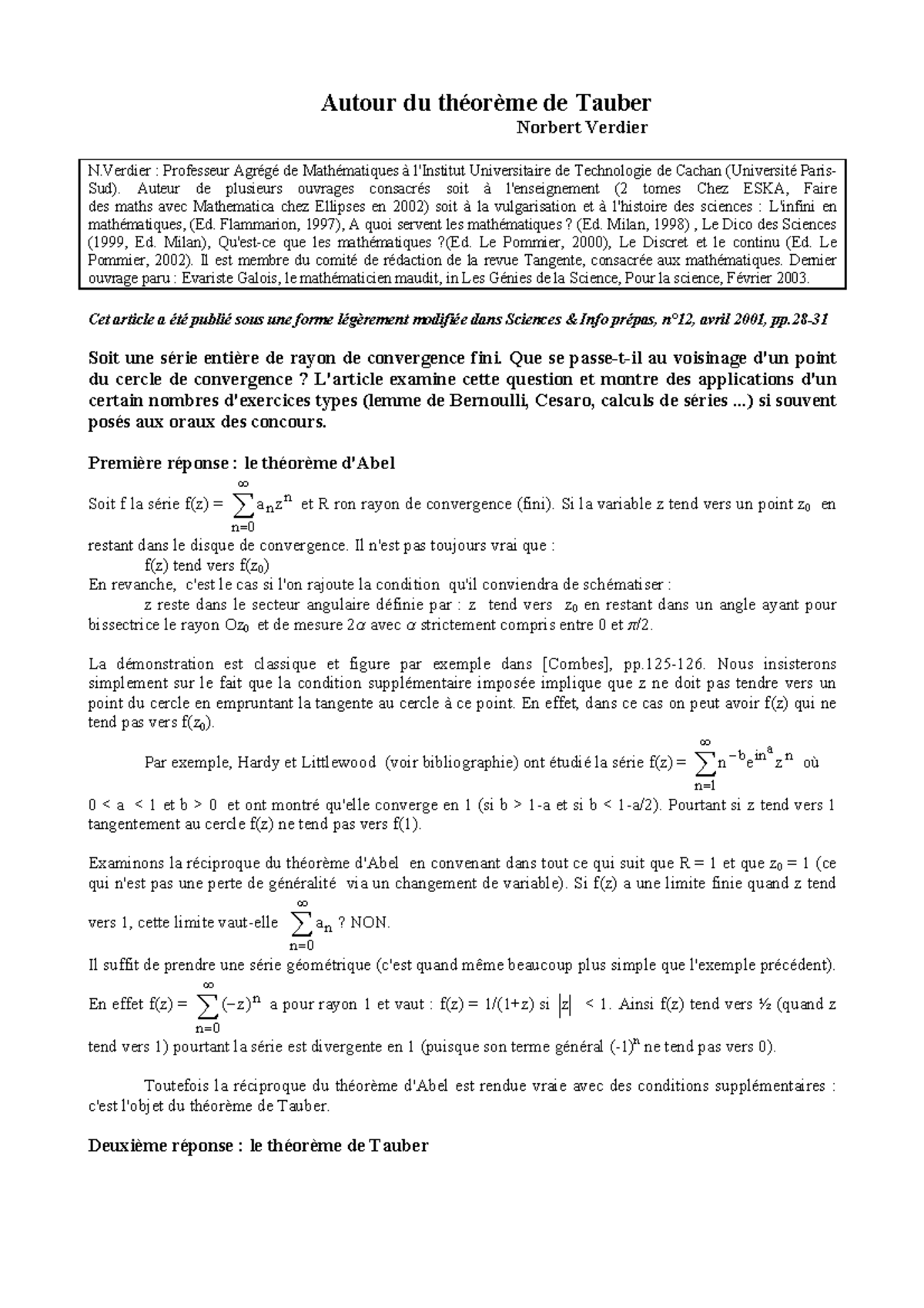 Agrégation Autour du théorème de Tauber Autour du théorème de