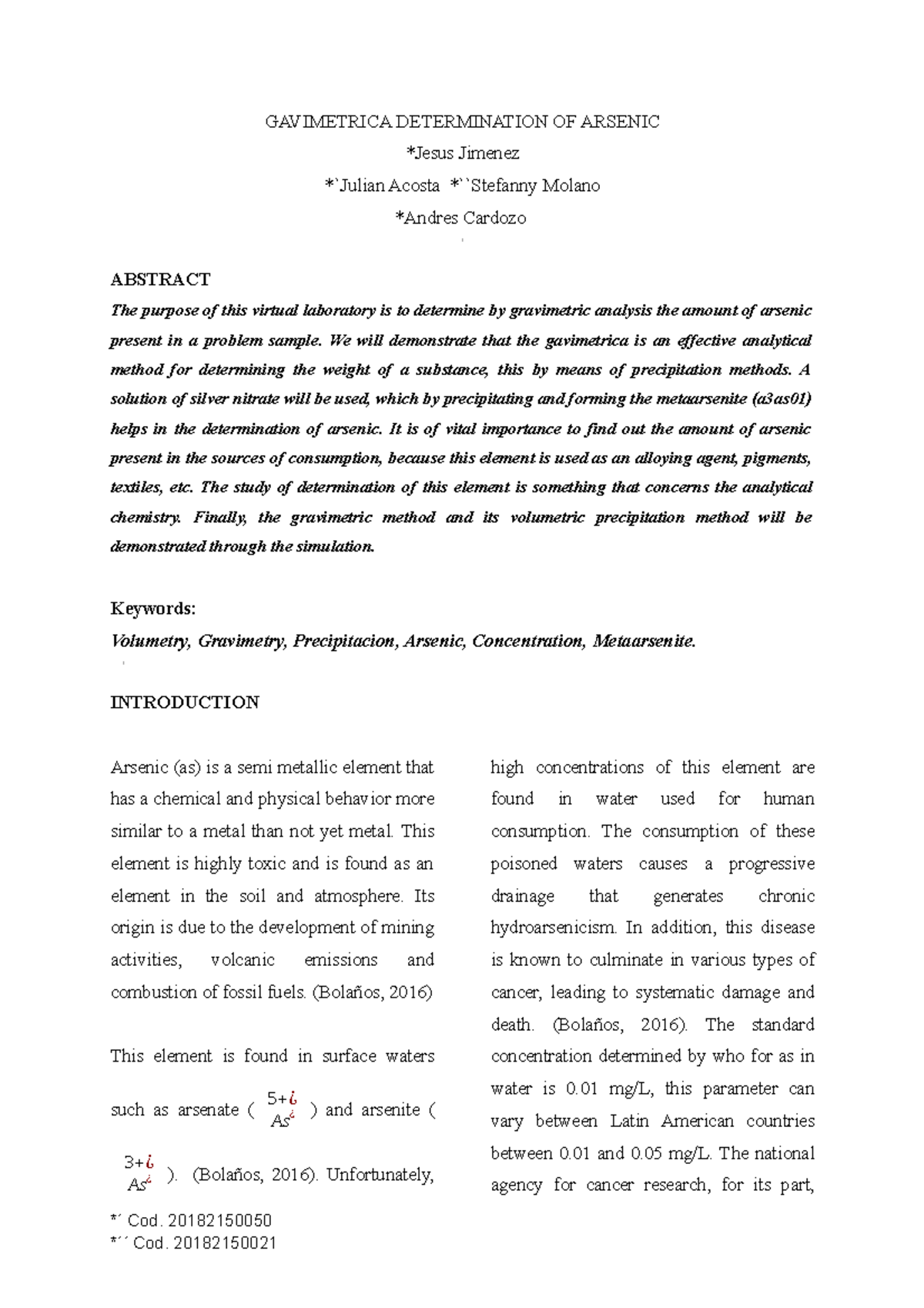 Determinación Gavimetrica DE As - GAVIMETRICA DETERMINATION OF ARSENIC ...