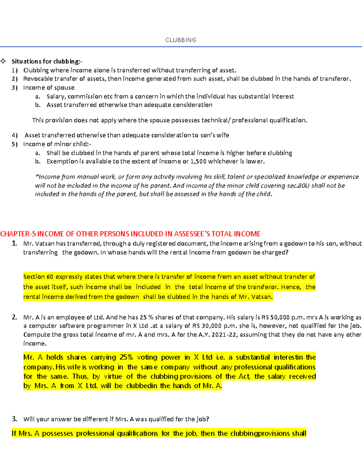 Clubbing note - Direct tax - CLUBBING Situations for clubbing ...