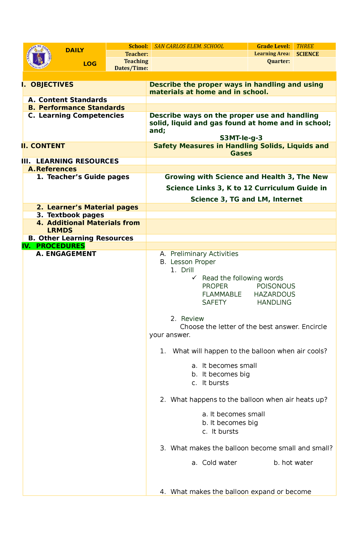 Science-3-COT - Science 3 COT - DAILY LESSON LOG School: SAN CARLOS ...