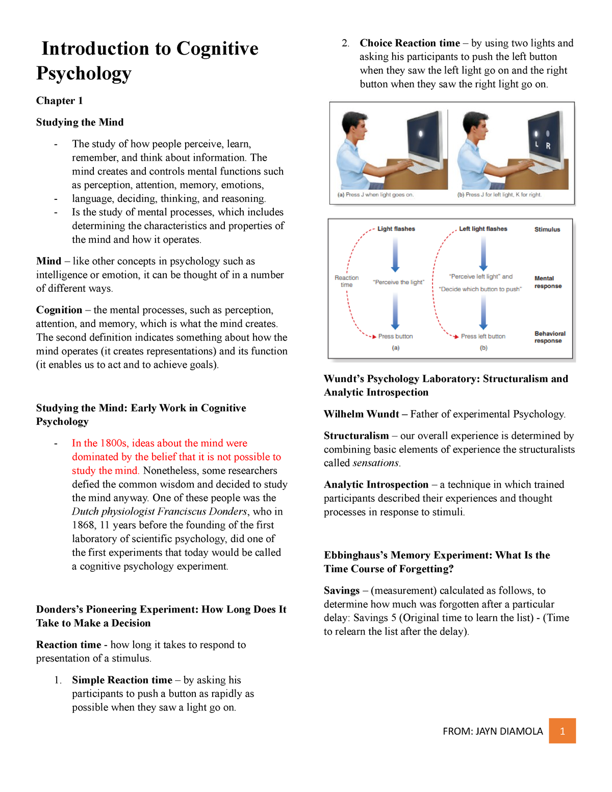 Cognitive Psychology Chapter 1 Notes - Introduction To Cognitive ...