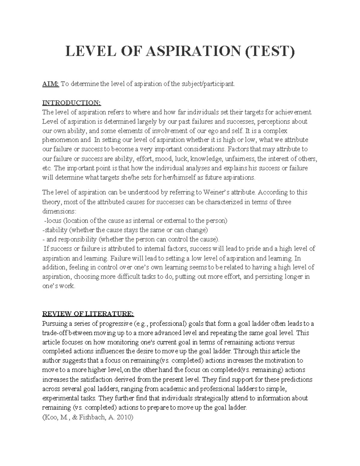 Psychology practical LEVEL OF ASPIRATION (TEST) AIM To determine the