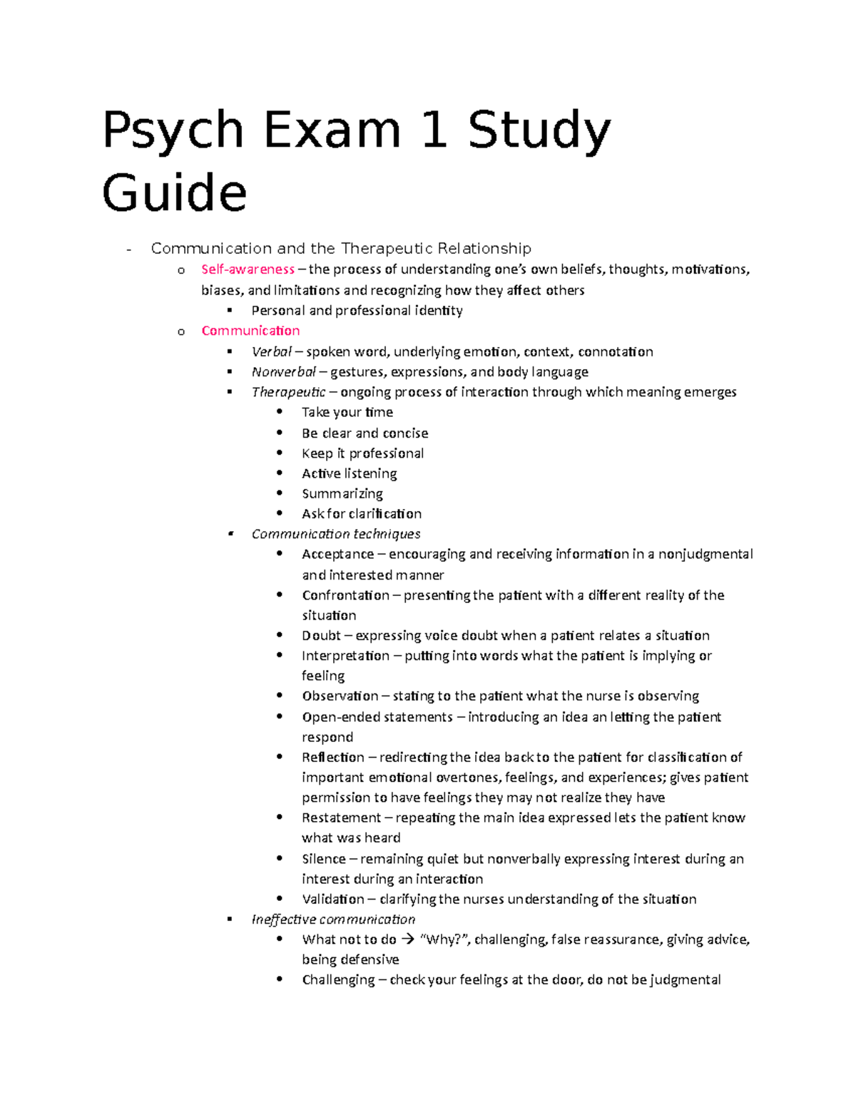 Psych Exam 1 Study Guide - Psych Exam 1 Study Guide Communication and ...