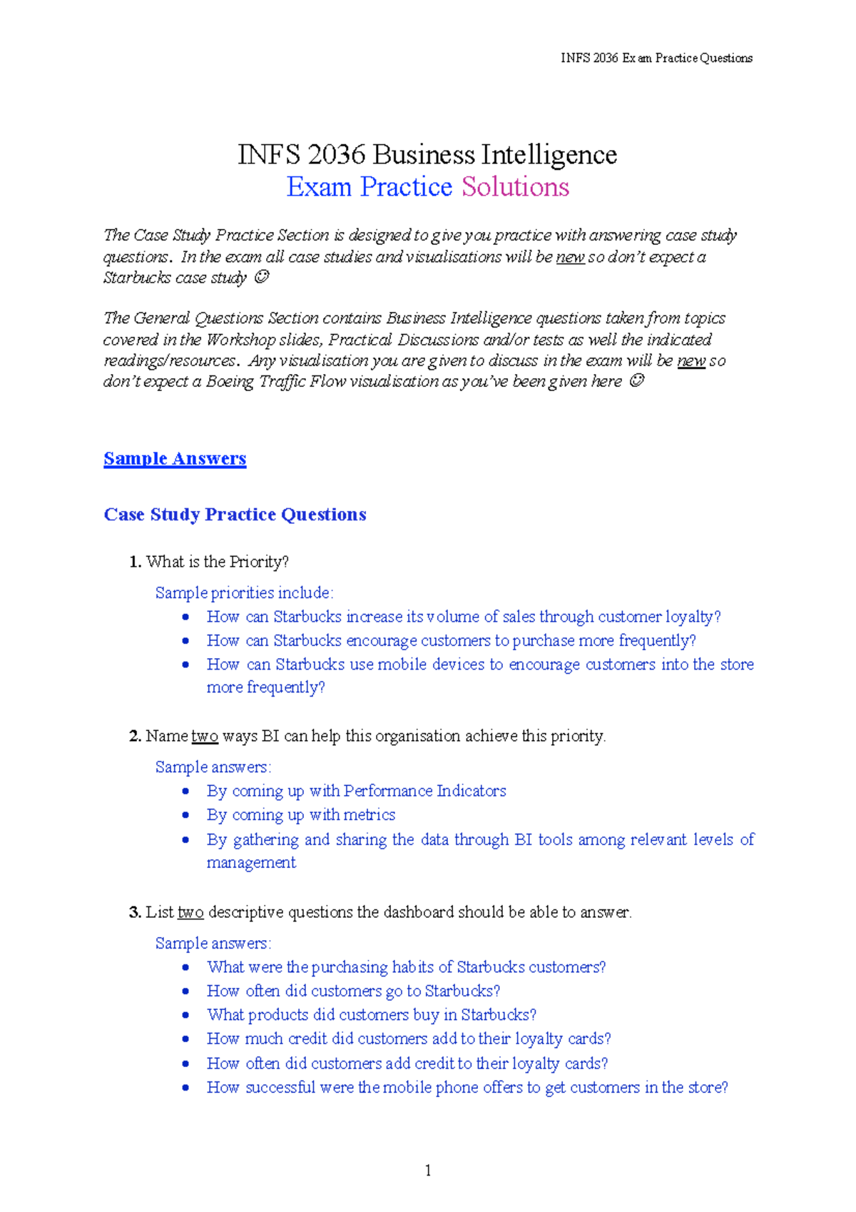INFS 2036 Sample Exam Solutions INFS 2036 Business Intelligence Exam