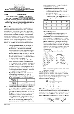 Lectures IN GEN CHEM 1 Weeks 3 4 LC 9 14 - 1 | P a g e Republic of the ...