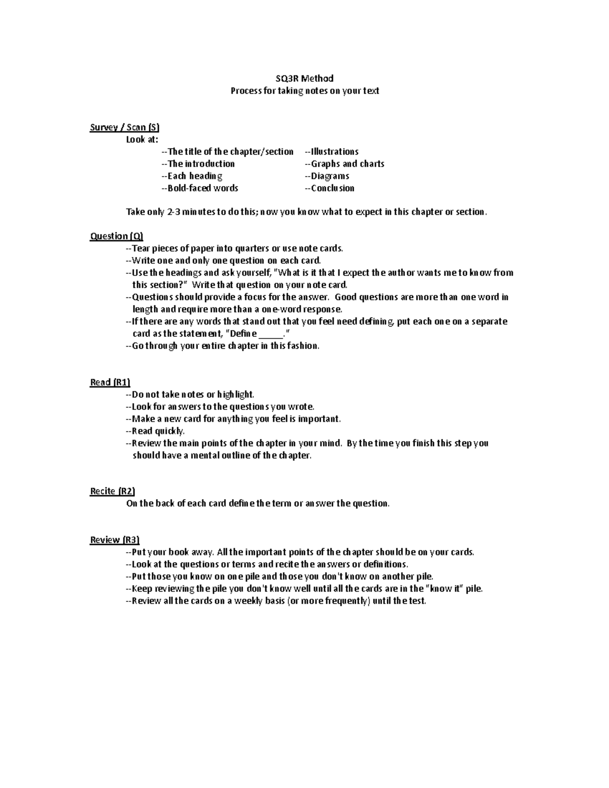Handout - Methods for studying - SQ3R Method Process for taking notes ...