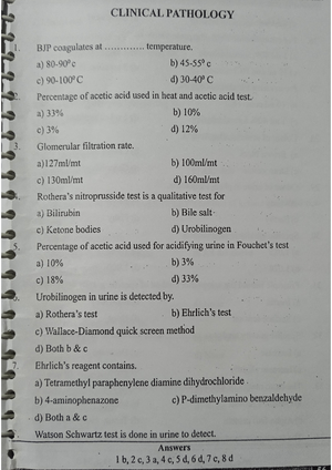 MCQ and answers(Pathology-objective type questions) - Bsc MLT - Studocu