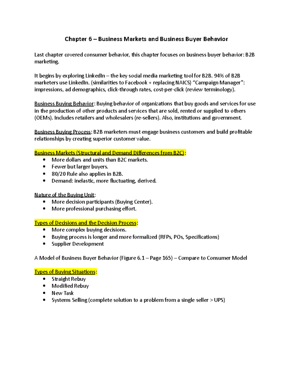MKT340 - Chapter 6 Outline - Chapter 6 – Business Markets and Business ...