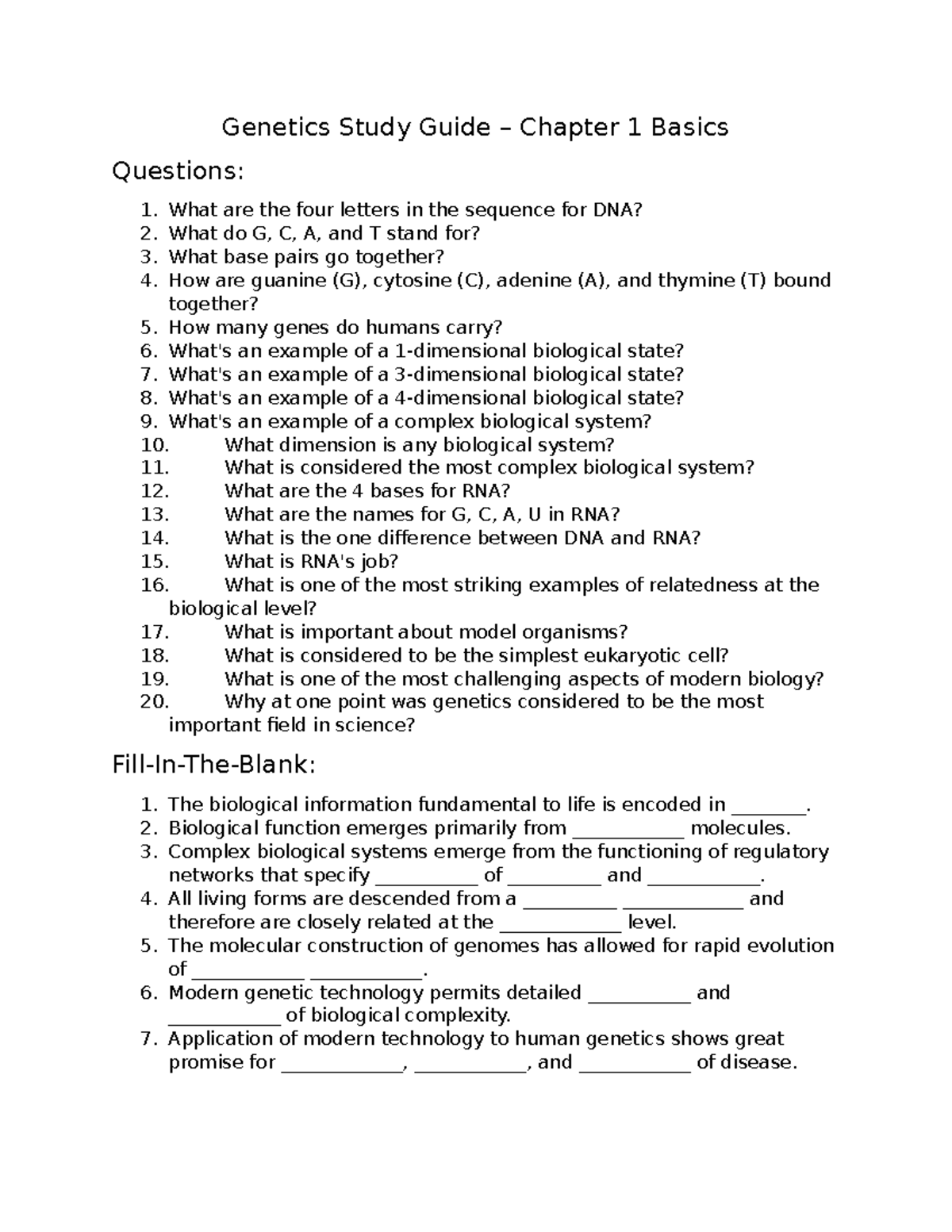 Genetics Study Guide - Chapter 1 Basics - Genetics Study Guide ...