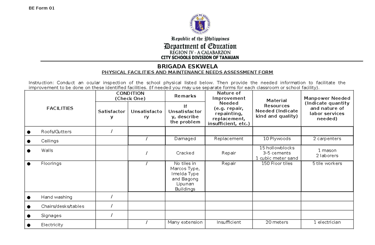 BE-Form-1- Physical- Facilities-AND- Maintenance- Needs- Assessment ...