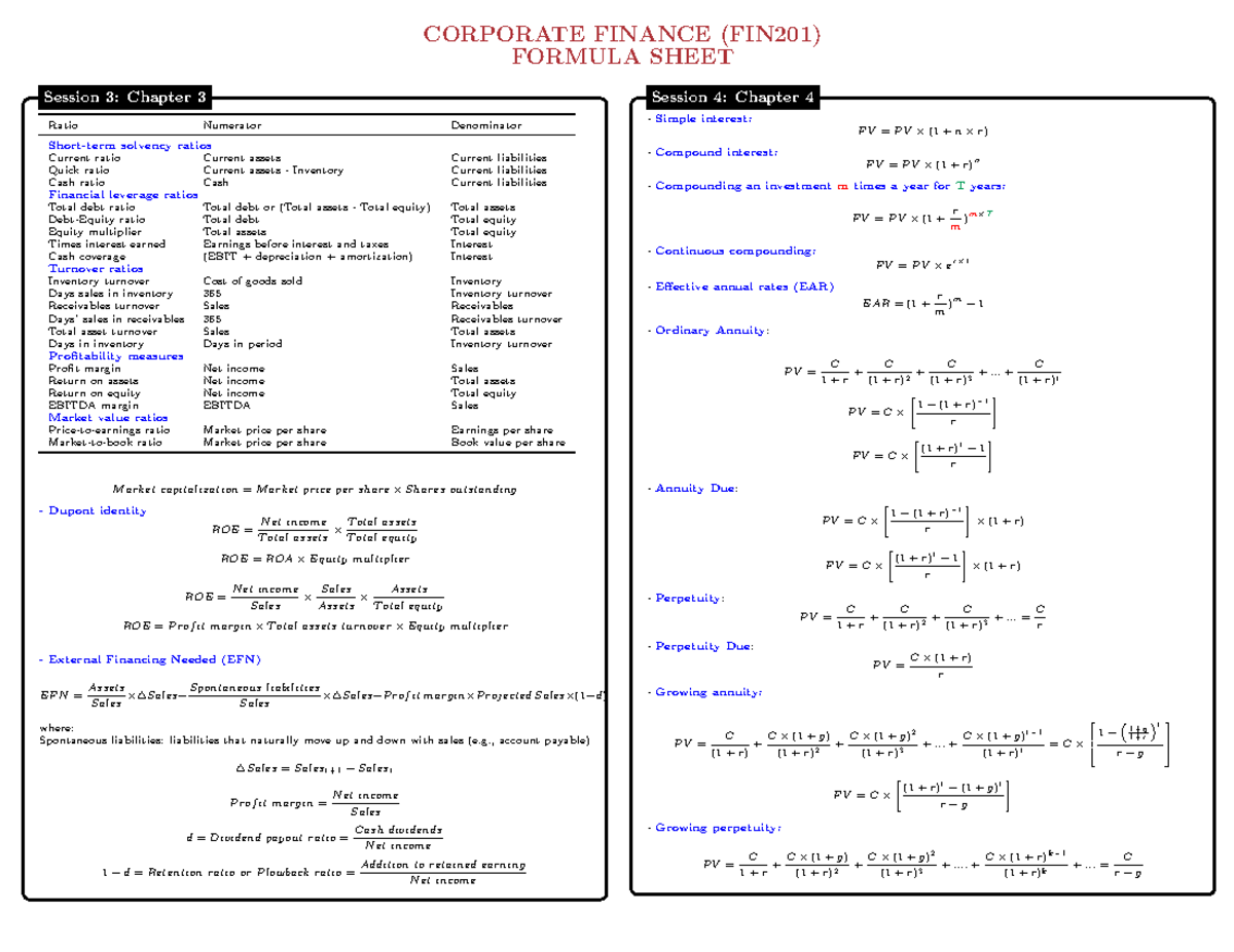 CF Formula sheet - nice - CORPORATE FINANCE (FIN201) FORMULA SHEET ...