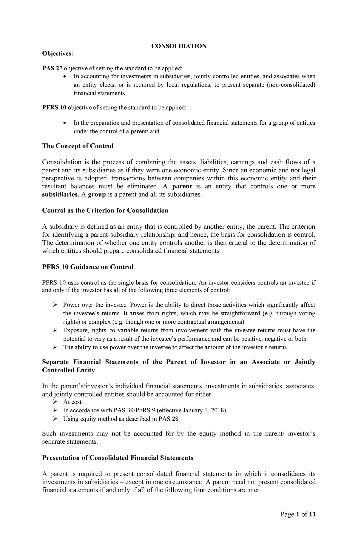 Pdfcoffee - Accounting - CONSOLIDATION Objectives: PAS 27 Objective Of ...