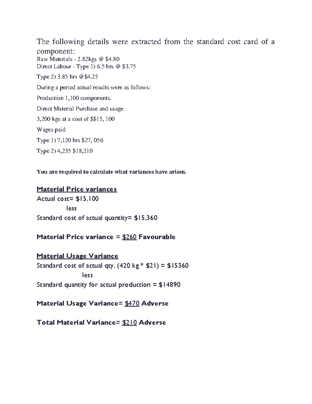 Standard cost card Business The following details were extracted