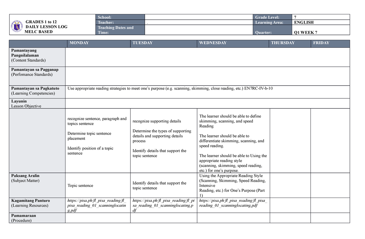 MELC DLL ENG 7 WEEK 7 Q1 DONE - GRADES 1 to 12 DAILY LESSON LOG MELC ...