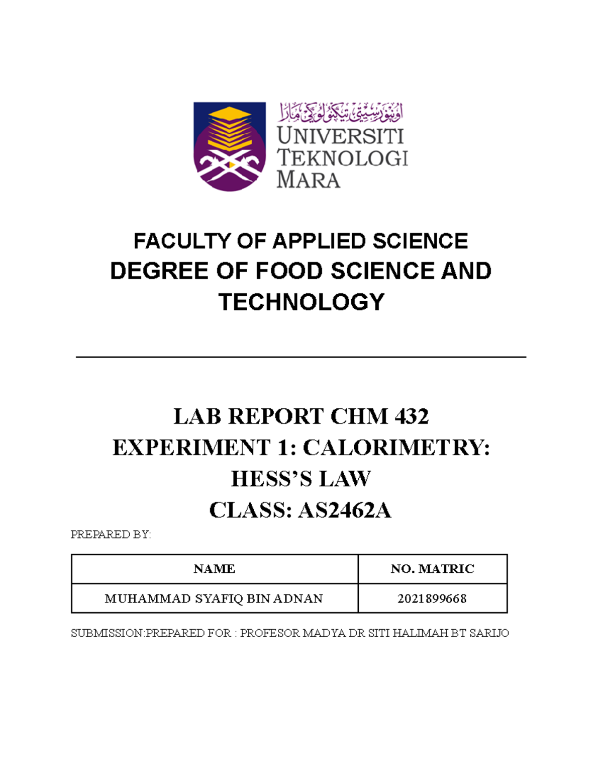 Experiment 1 CHM 432 - Lab report - FACULTY OF APPLIED SCIENCE DEGREE ...