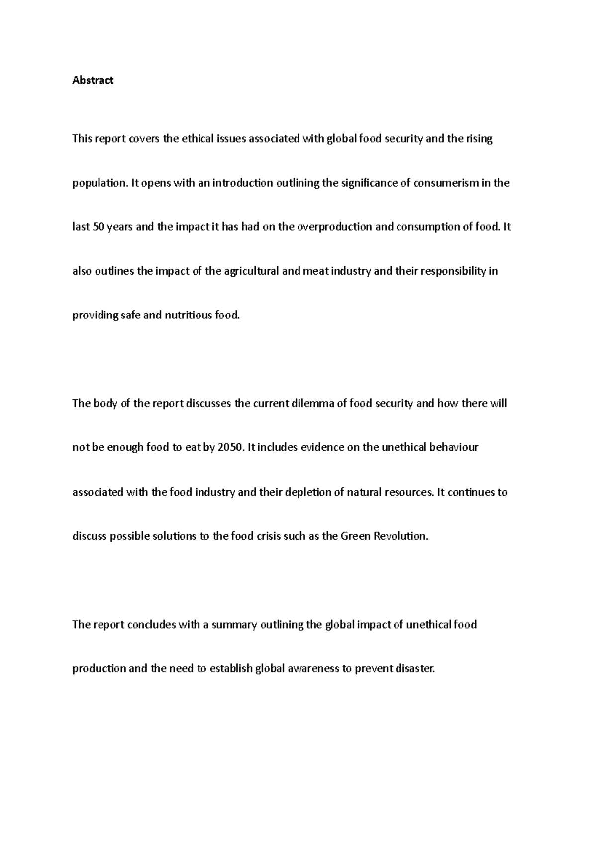 Ethics of Global Food Security - Abstract This report covers the ...