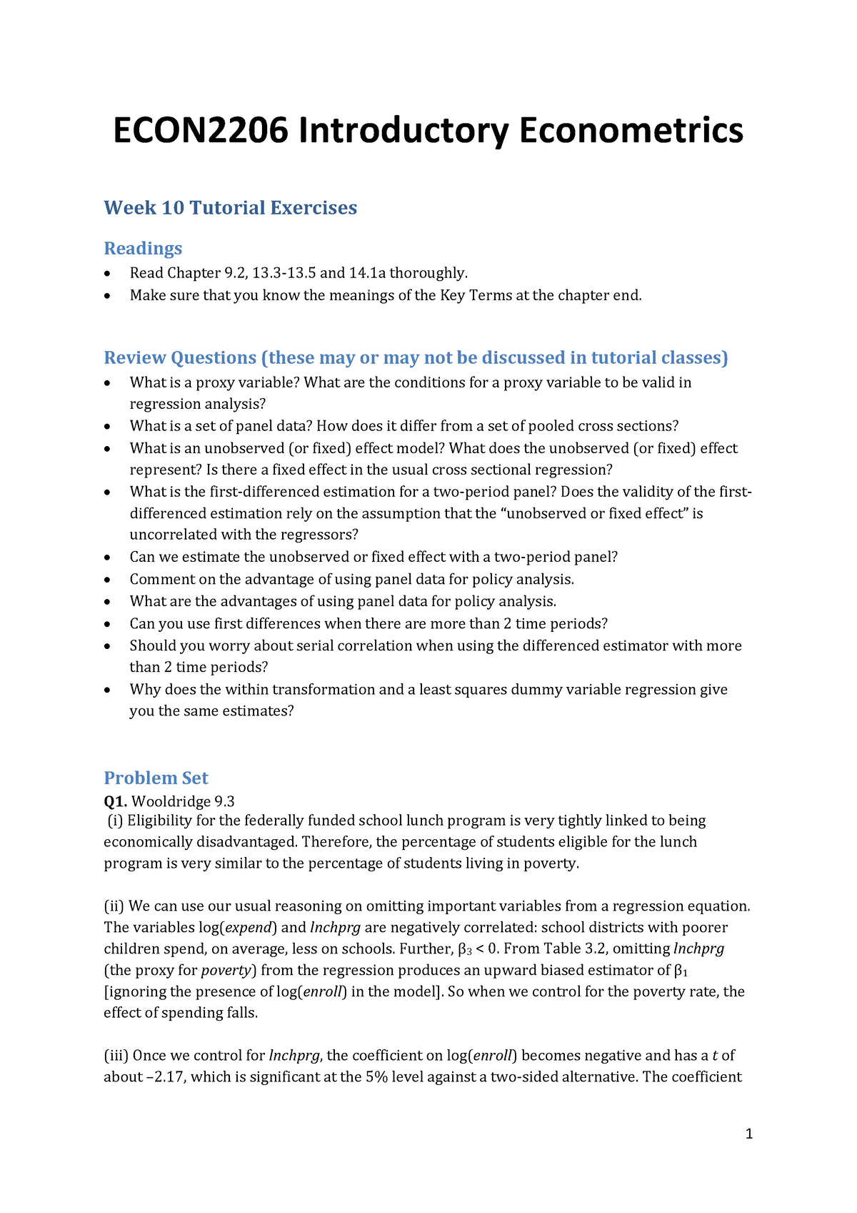 Tutorials 2020t1 Week10 Answers - ECON2206 Introductory Econometrics ...