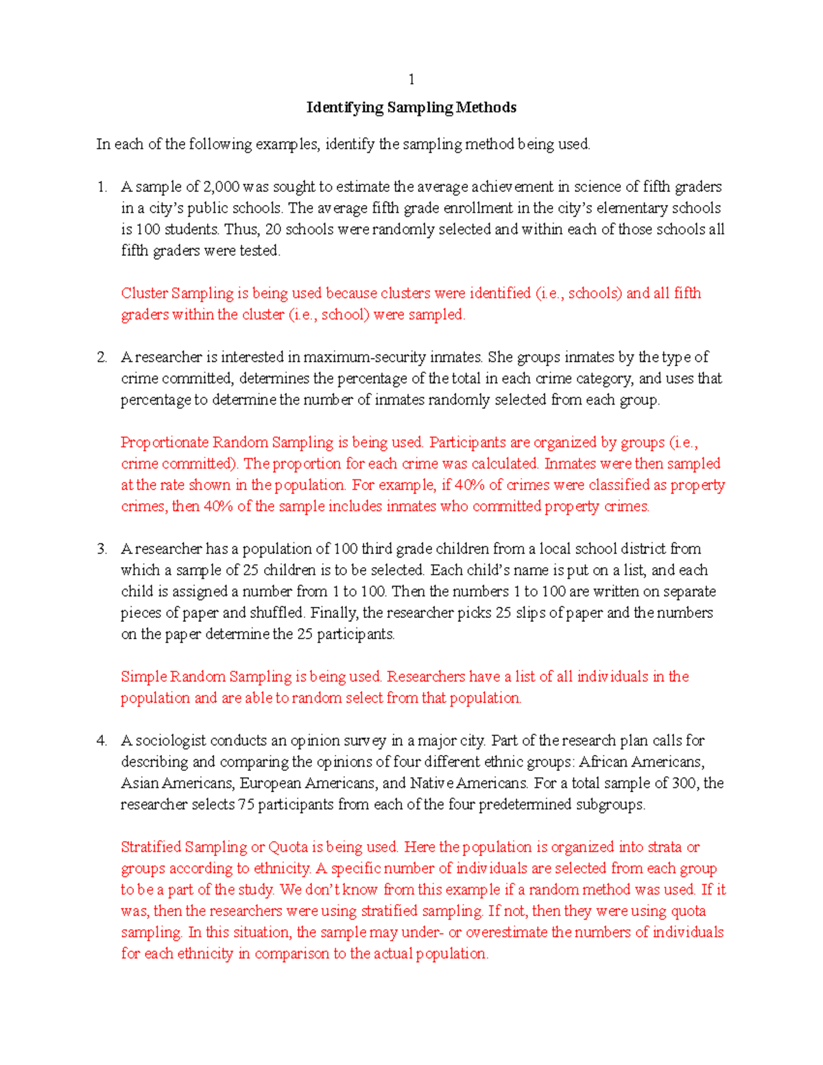 Identifying Sampling Methods worksheet - 1 Identifying Sampling Methods In  each of the following - Studocu