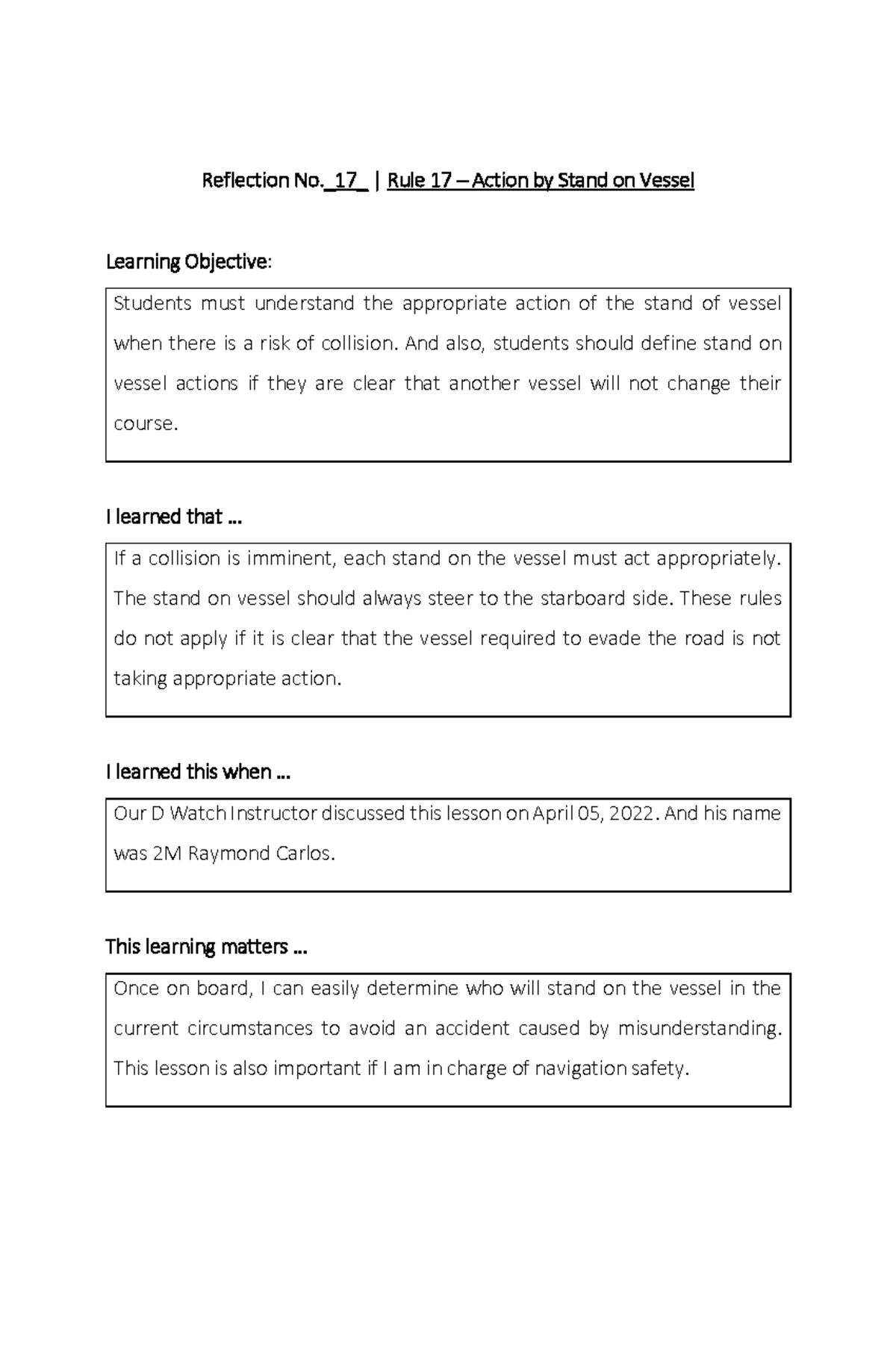 Rule 17 Reflection - Reflection No._ 17 _ | Rule 17 – Action by Stand