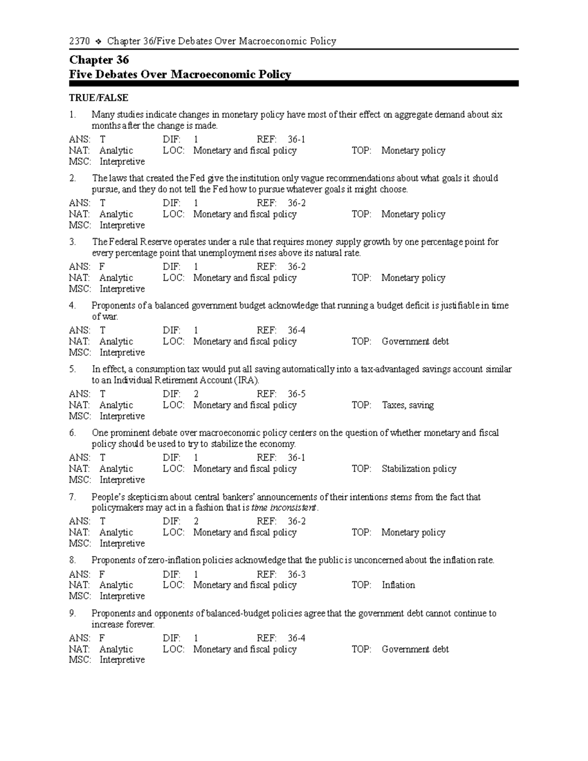 Chapter 36Five Debates Over Macroeconomic Policy ANS T DIF 1 REF