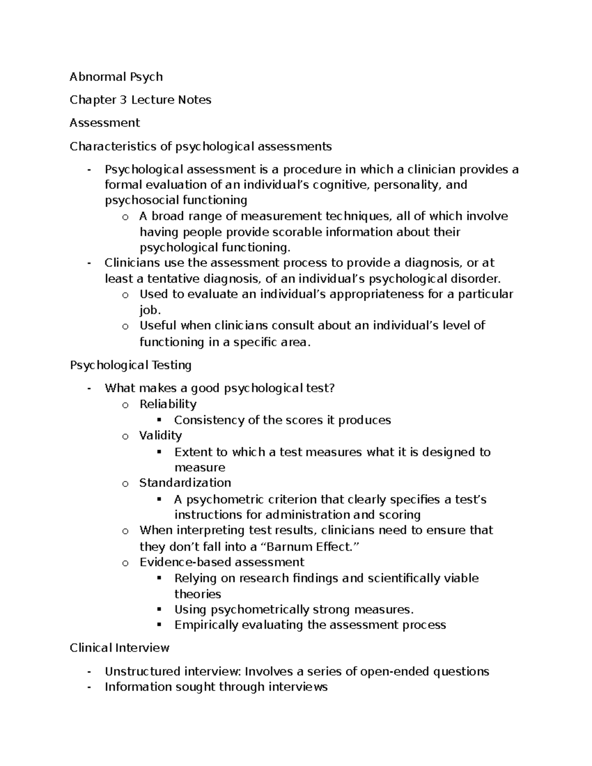 Chapter 3 Lecture - Abnormal Psych Chapter 3 Lecture Notes Assessment ...